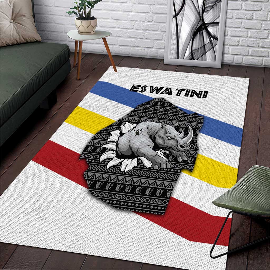 Eswatini Rhino Area Rug with African Map and Traditional Swazi Flag Patterns