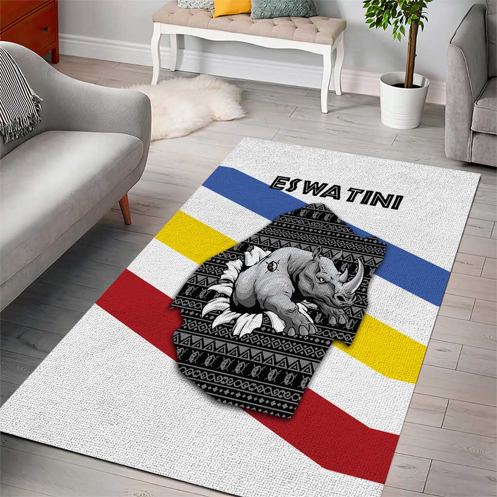 Eswatini Rhino Area Rug with African Map and Traditional Swazi Flag Patterns