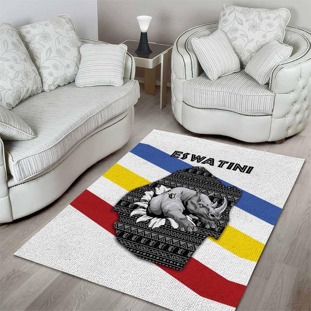 Eswatini Rhino Area Rug with African Map and Traditional Swazi Flag Patterns
