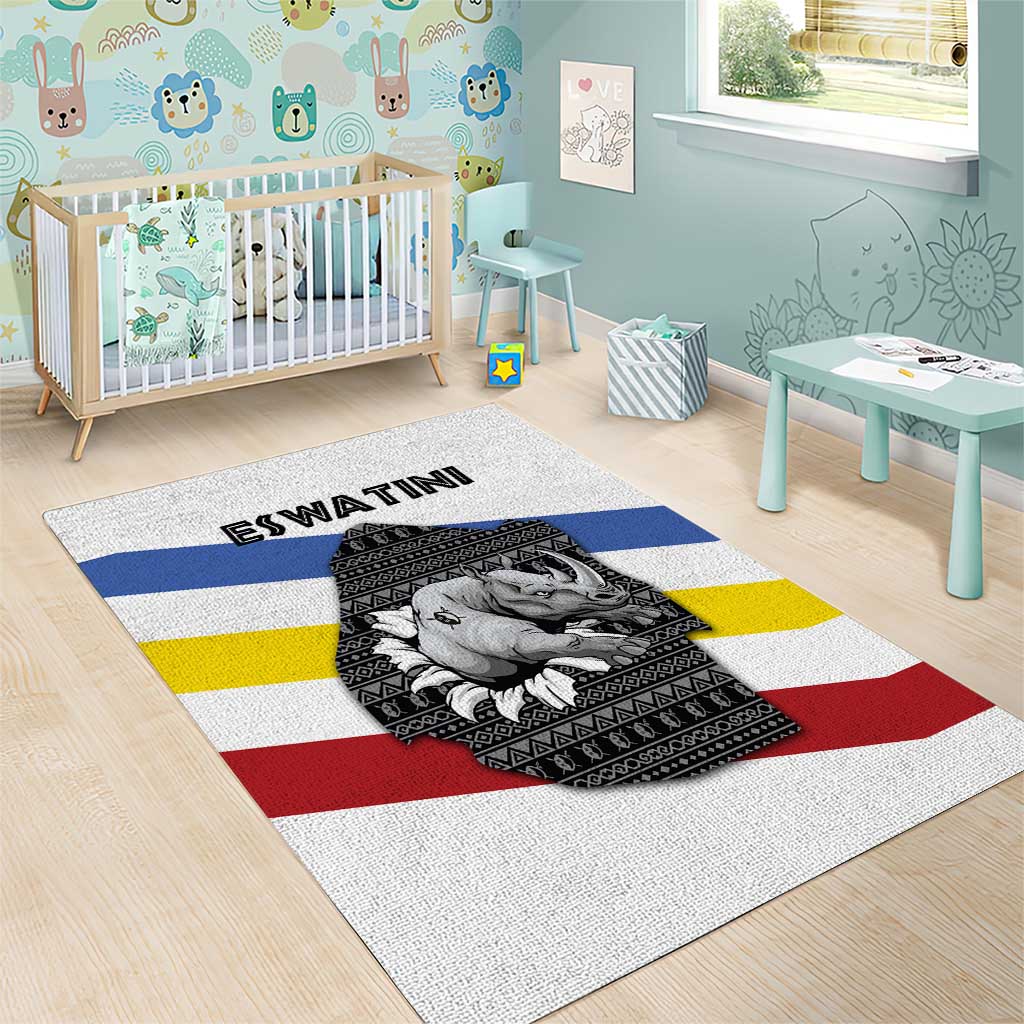 Eswatini Rhino Area Rug with African Map and Traditional Swazi Flag Patterns