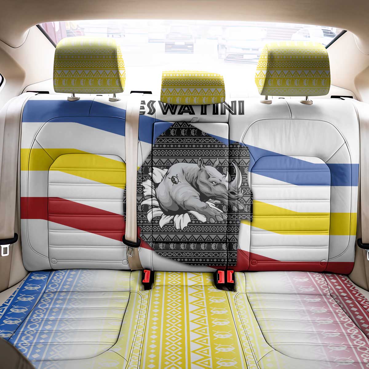 Eswatini Rhino Back Car Seat Cover with African Map and Traditional Swazi Flag Patterns
