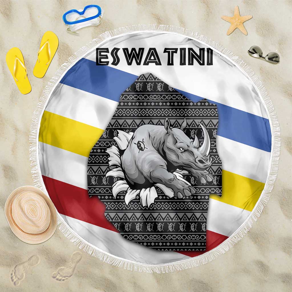 Eswatini Rhino Beach Blanket with African Map and Traditional Swazi Flag Patterns