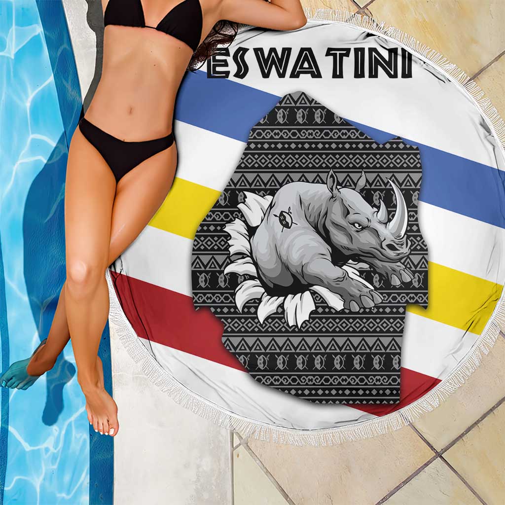 Eswatini Rhino Beach Blanket with African Map and Traditional Swazi Flag Patterns