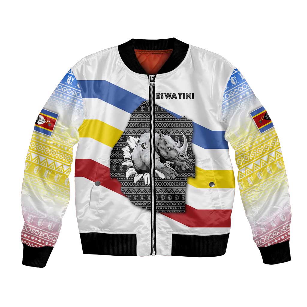 Eswatini Rhino Bomber Jacket with African Map and Traditional Swazi Flag Patterns