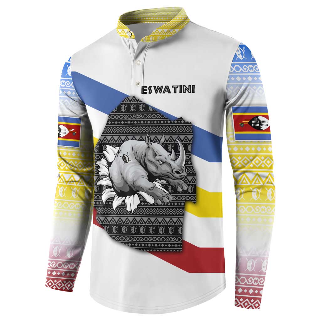 Eswatini Rhino Button Sweatshirt with African Map and Traditional Swazi Flag Patterns