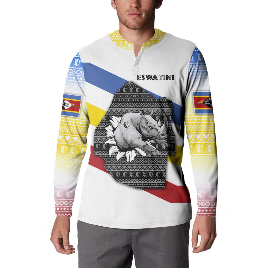Eswatini Rhino Button Sweatshirt with African Map and Traditional Swazi Flag Patterns
