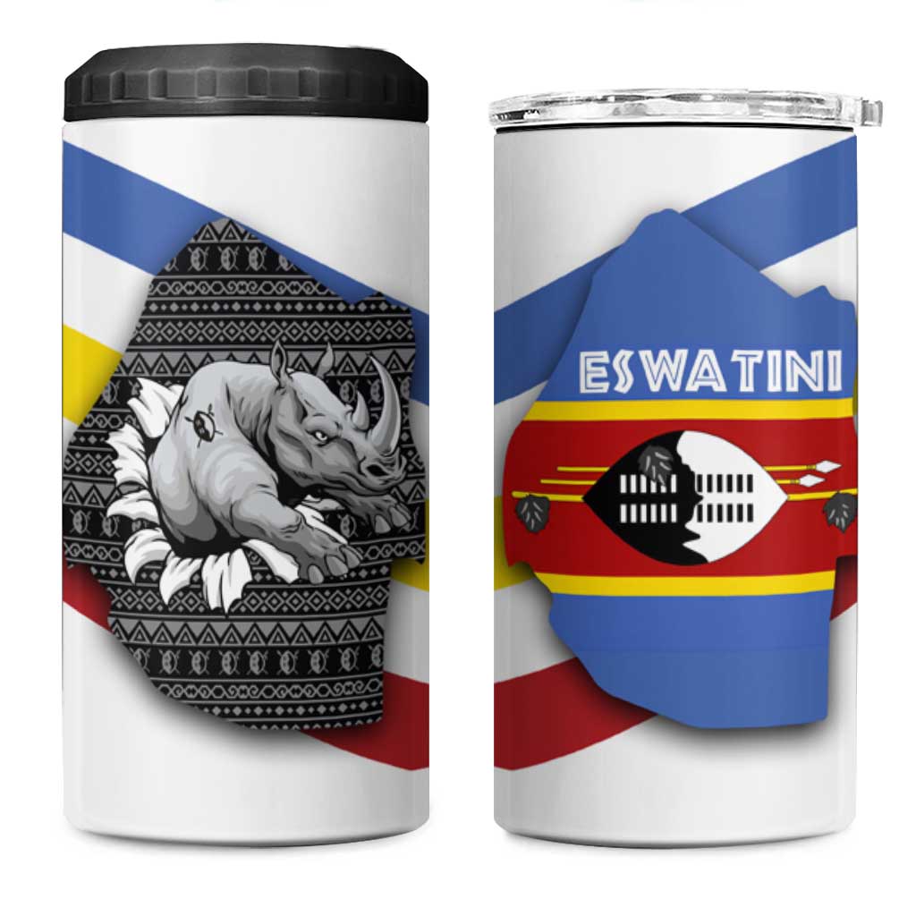 Eswatini Rhino 4 in 1 Can Cooler Tumbler with African Map and Traditional Swazi Flag Patterns