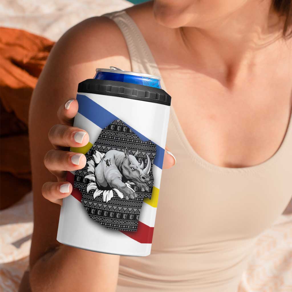Eswatini Rhino 4 in 1 Can Cooler Tumbler with African Map and Traditional Swazi Flag Patterns