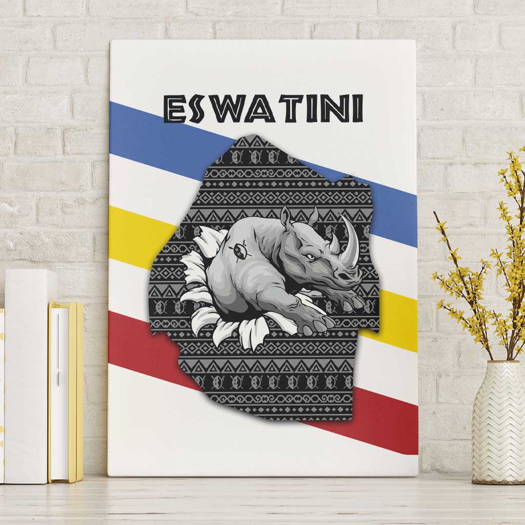 Eswatini Rhino Canvas Wall Art with African Map and Traditional Swazi Flag Patterns