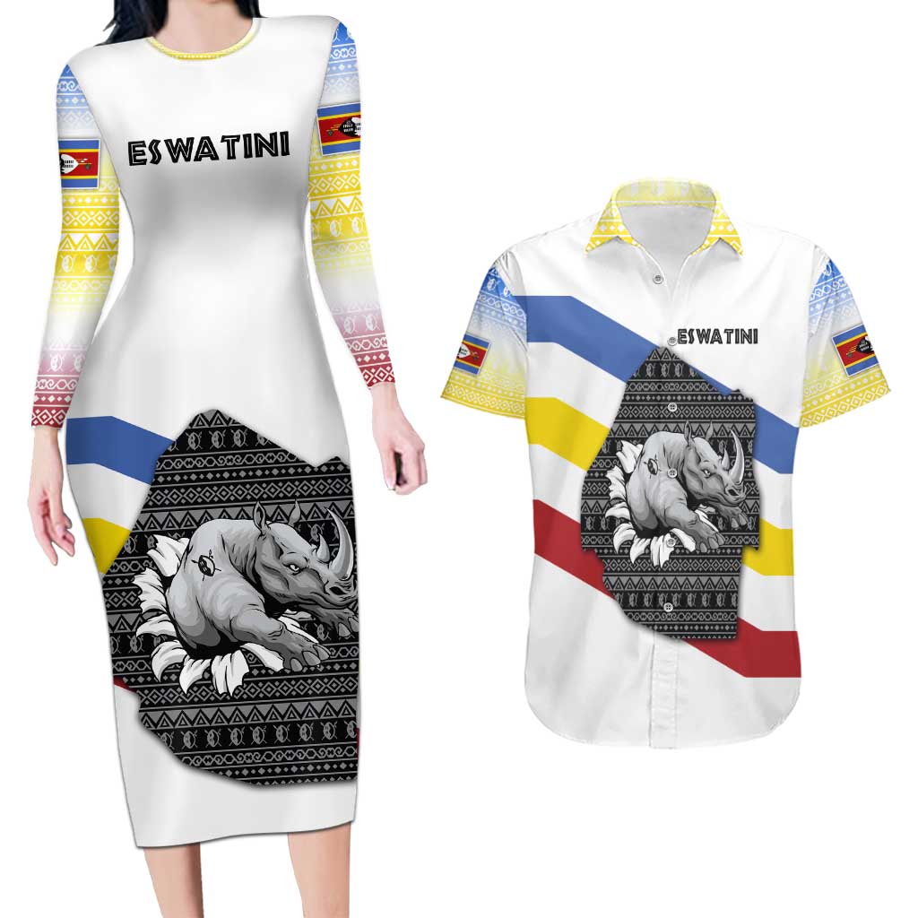 Eswatini Rhino Couples Matching Long Sleeve Bodycon Dress and Hawaiian Shirt with African Map and Traditional Swazi Flag Patterns