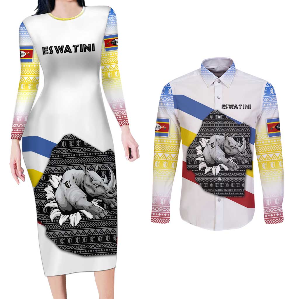 Eswatini Rhino Couples Matching Long Sleeve Bodycon Dress and Long Sleeve Button Shirt with African Map and Traditional Swazi Flag Patterns