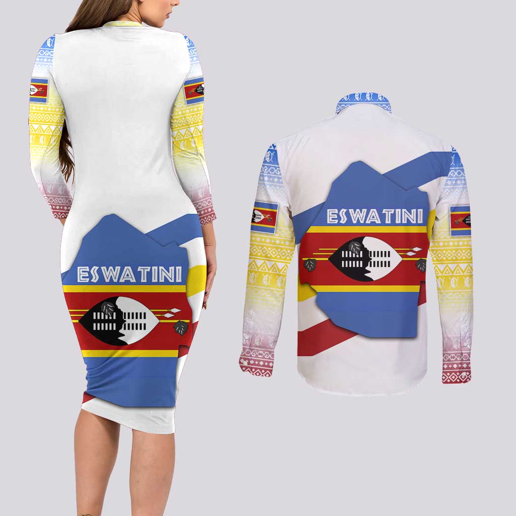 Eswatini Rhino Couples Matching Long Sleeve Bodycon Dress and Long Sleeve Button Shirt with African Map and Traditional Swazi Flag Patterns