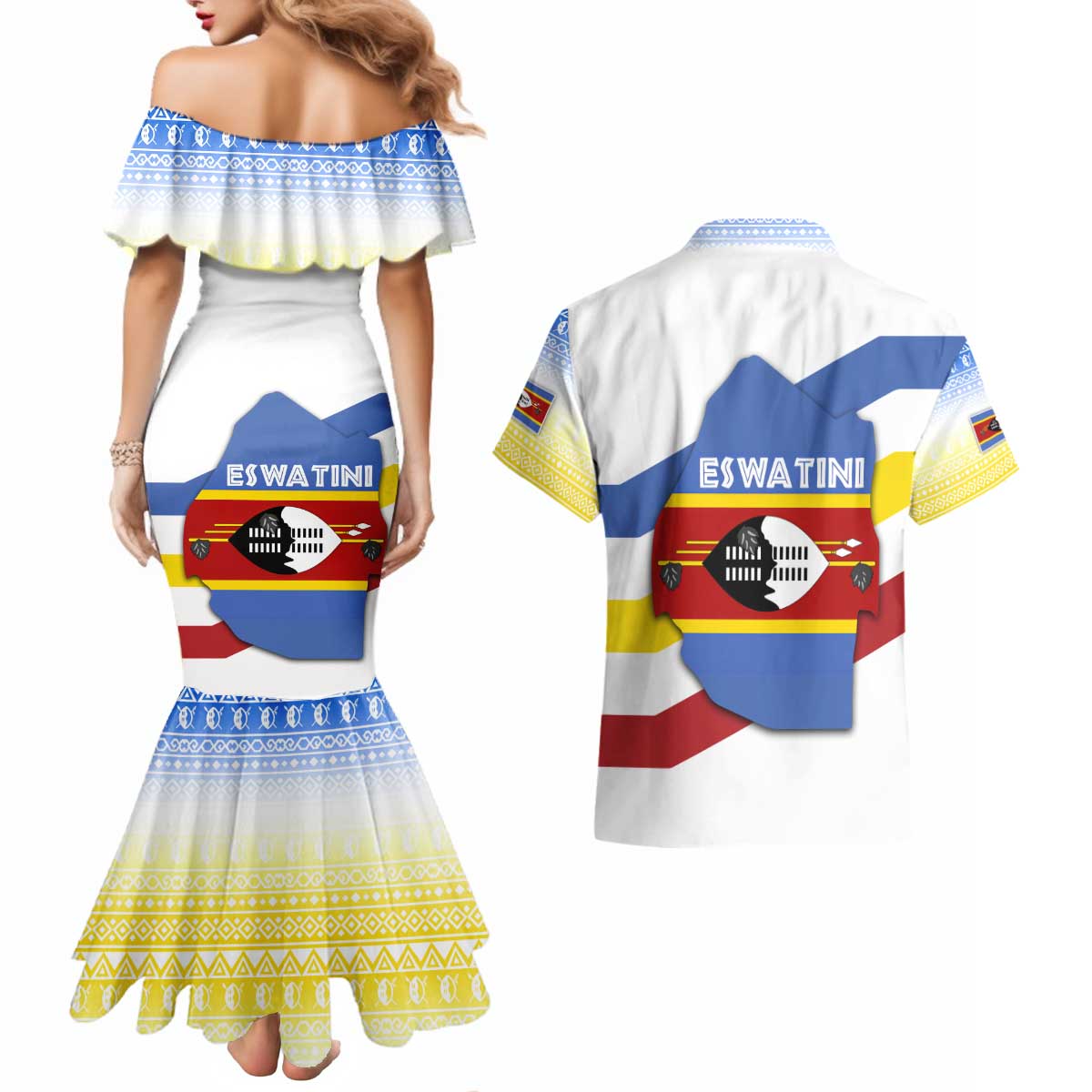 Eswatini Rhino Couples Matching Mermaid Dress and Hawaiian Shirt with African Map and Traditional Swazi Flag Patterns