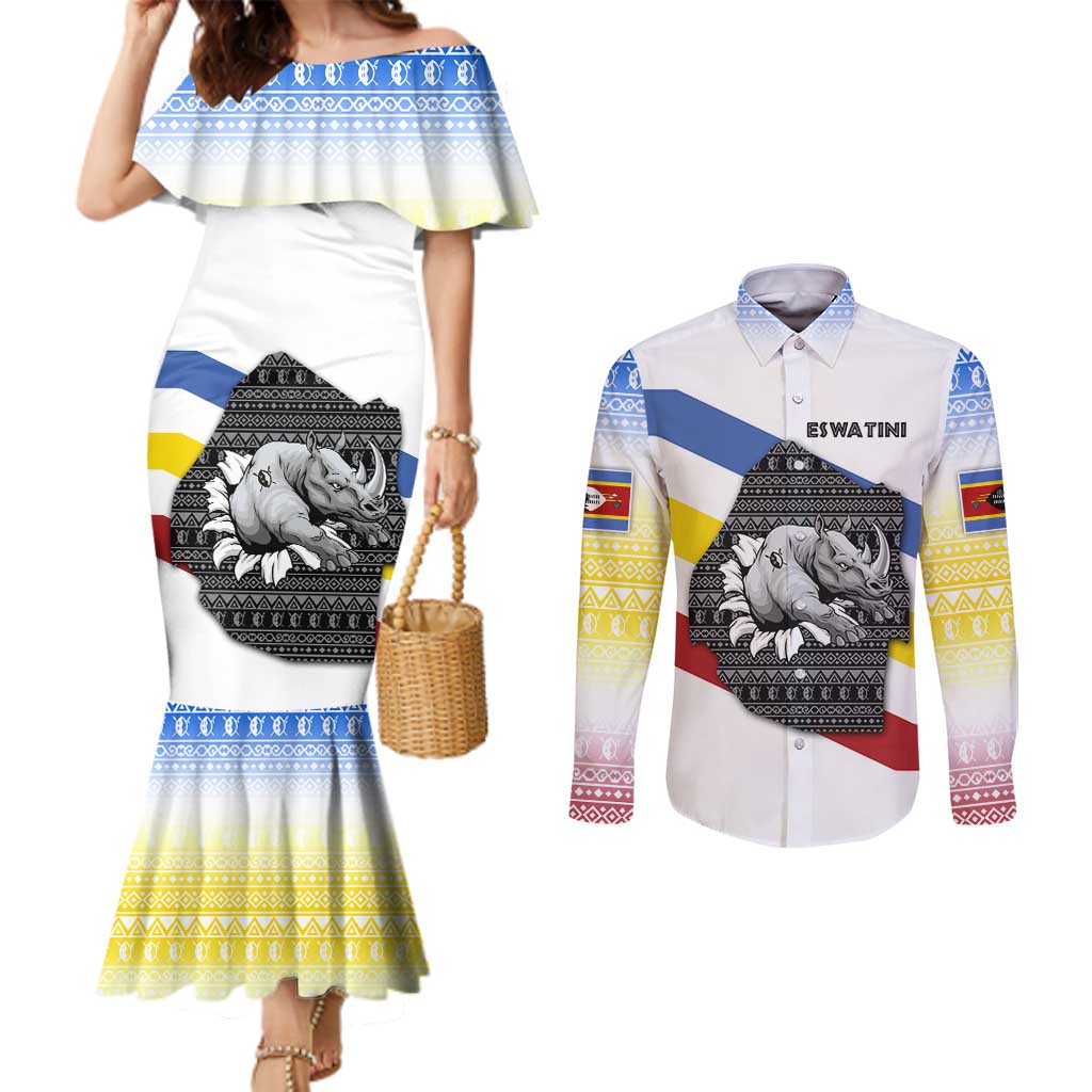 Eswatini Rhino Couples Matching Mermaid Dress and Long Sleeve Button Shirt with African Map and Traditional Swazi Flag Patterns