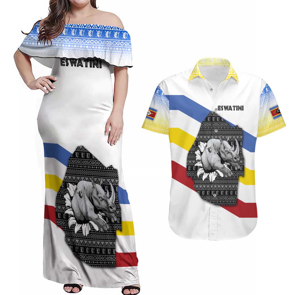 Eswatini Rhino Couples Matching Off Shoulder Maxi Dress and Hawaiian Shirt with African Map and Traditional Swazi Flag Patterns