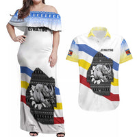 Eswatini Rhino Couples Matching Off Shoulder Maxi Dress and Hawaiian Shirt with African Map and Traditional Swazi Flag Patterns