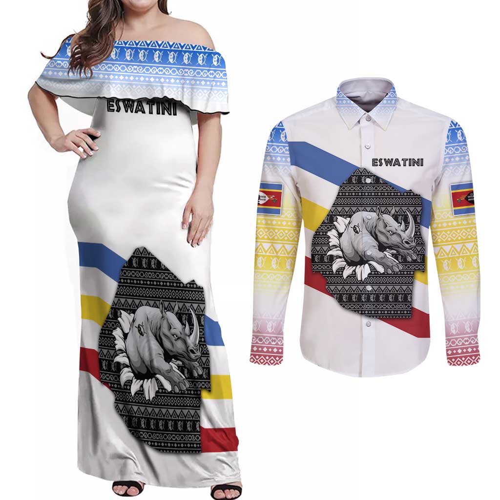 Eswatini Rhino Couples Matching Off Shoulder Maxi Dress and Long Sleeve Button Shirt with African Map and Traditional Swazi Flag Patterns