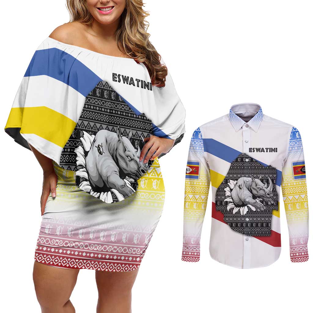 Eswatini Rhino Couples Matching Off Shoulder Short Dress and Long Sleeve Button Shirt with African Map and Traditional Swazi Flag Patterns