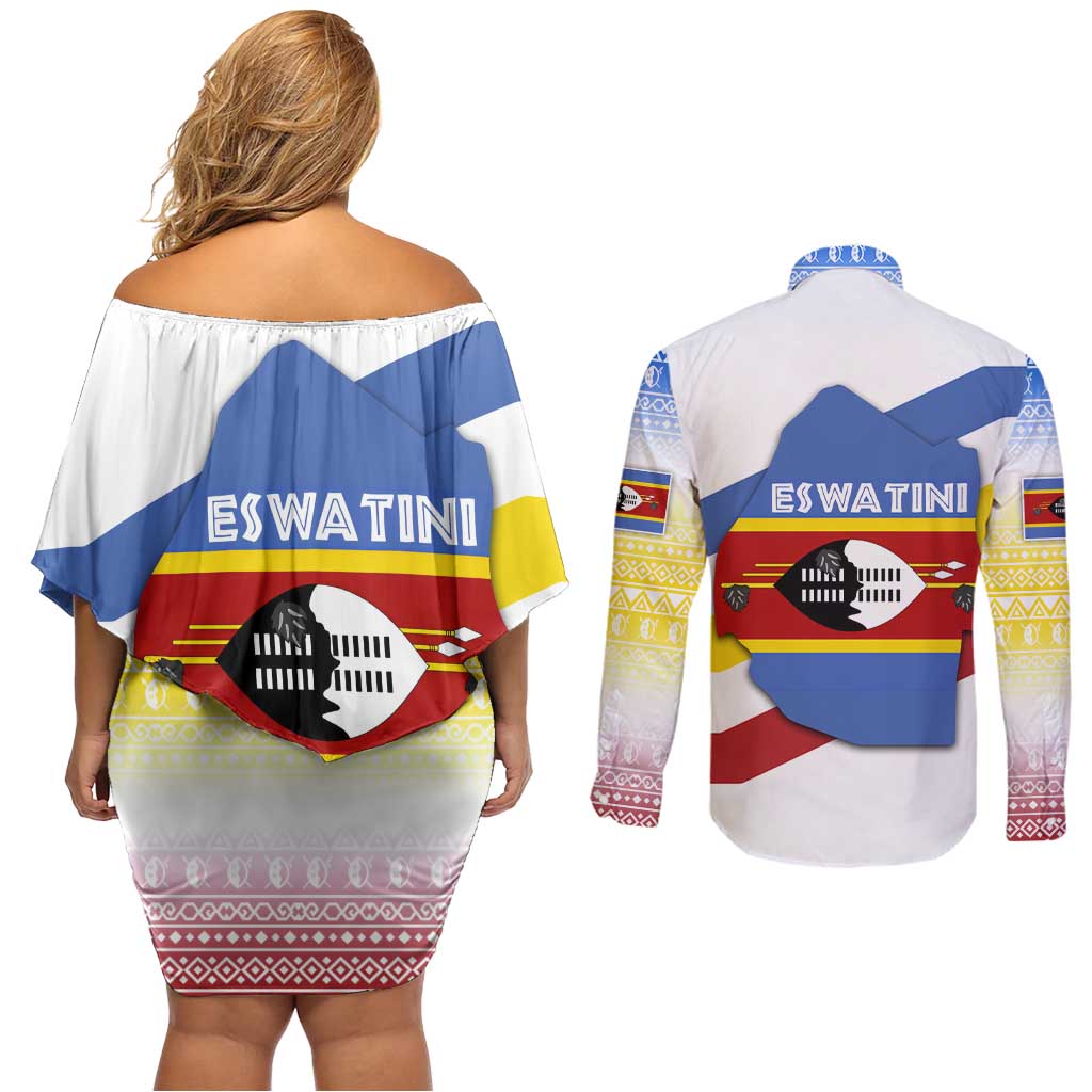 Eswatini Rhino Couples Matching Off Shoulder Short Dress and Long Sleeve Button Shirt with African Map and Traditional Swazi Flag Patterns