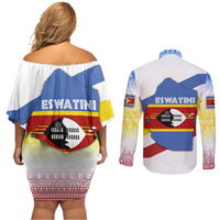 Eswatini Rhino Couples Matching Off Shoulder Short Dress and Long Sleeve Button Shirt with African Map and Traditional Swazi Flag Patterns
