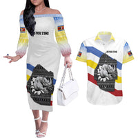 Eswatini Rhino Couples Matching Off The Shoulder Long Sleeve Dress and Hawaiian Shirt with African Map and Traditional Swazi Flag Patterns