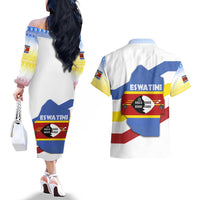 Eswatini Rhino Couples Matching Off The Shoulder Long Sleeve Dress and Hawaiian Shirt with African Map and Traditional Swazi Flag Patterns