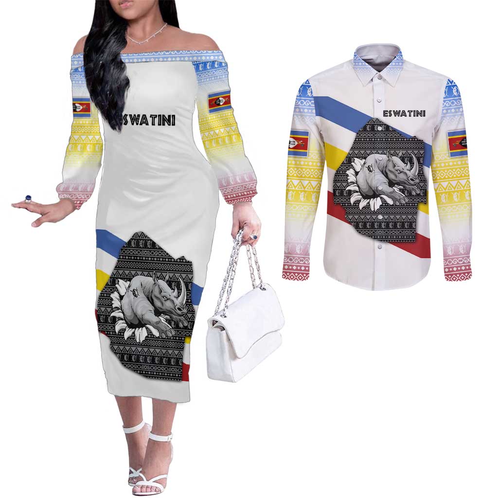 Eswatini Rhino Couples Matching Off The Shoulder Long Sleeve Dress and Long Sleeve Button Shirt with African Map and Traditional Swazi Flag Patterns