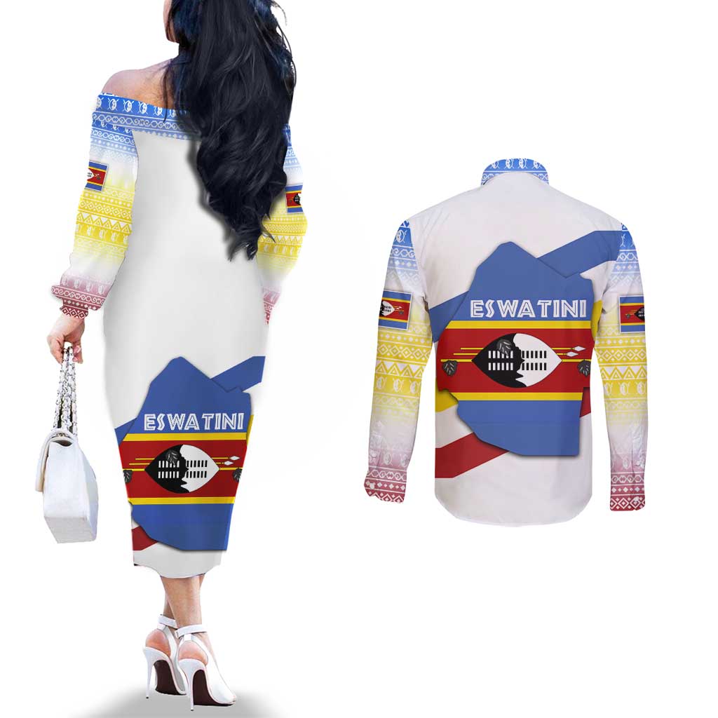 Eswatini Rhino Couples Matching Off The Shoulder Long Sleeve Dress and Long Sleeve Button Shirt with African Map and Traditional Swazi Flag Patterns