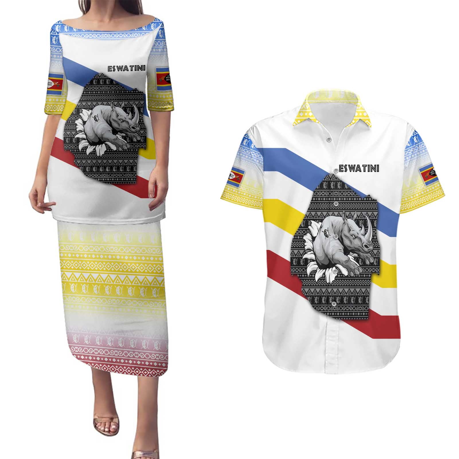 Eswatini Rhino Couples Matching Puletasi and Hawaiian Shirt with African Map and Traditional Swazi Flag Patterns