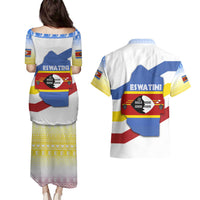 Eswatini Rhino Couples Matching Puletasi and Hawaiian Shirt with African Map and Traditional Swazi Flag Patterns