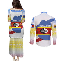 Eswatini Rhino Couples Matching Puletasi and Long Sleeve Button Shirt with African Map and Traditional Swazi Flag Patterns