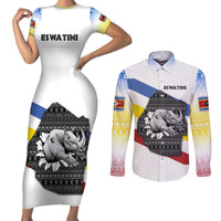 Eswatini Rhino Couples Matching Short Sleeve Bodycon Dress and Long Sleeve Button Shirt with African Map and Traditional Swazi Flag Patterns
