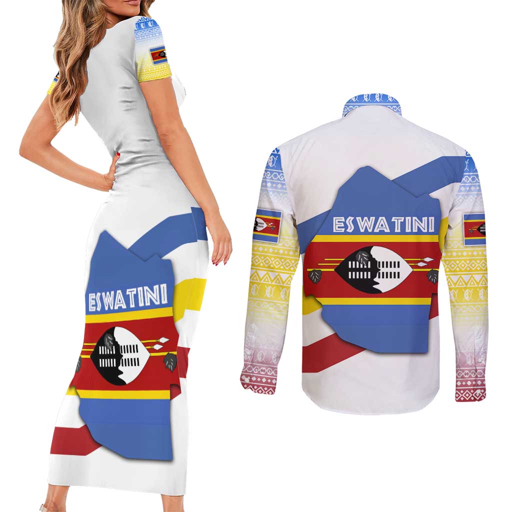 Eswatini Rhino Couples Matching Short Sleeve Bodycon Dress and Long Sleeve Button Shirt with African Map and Traditional Swazi Flag Patterns