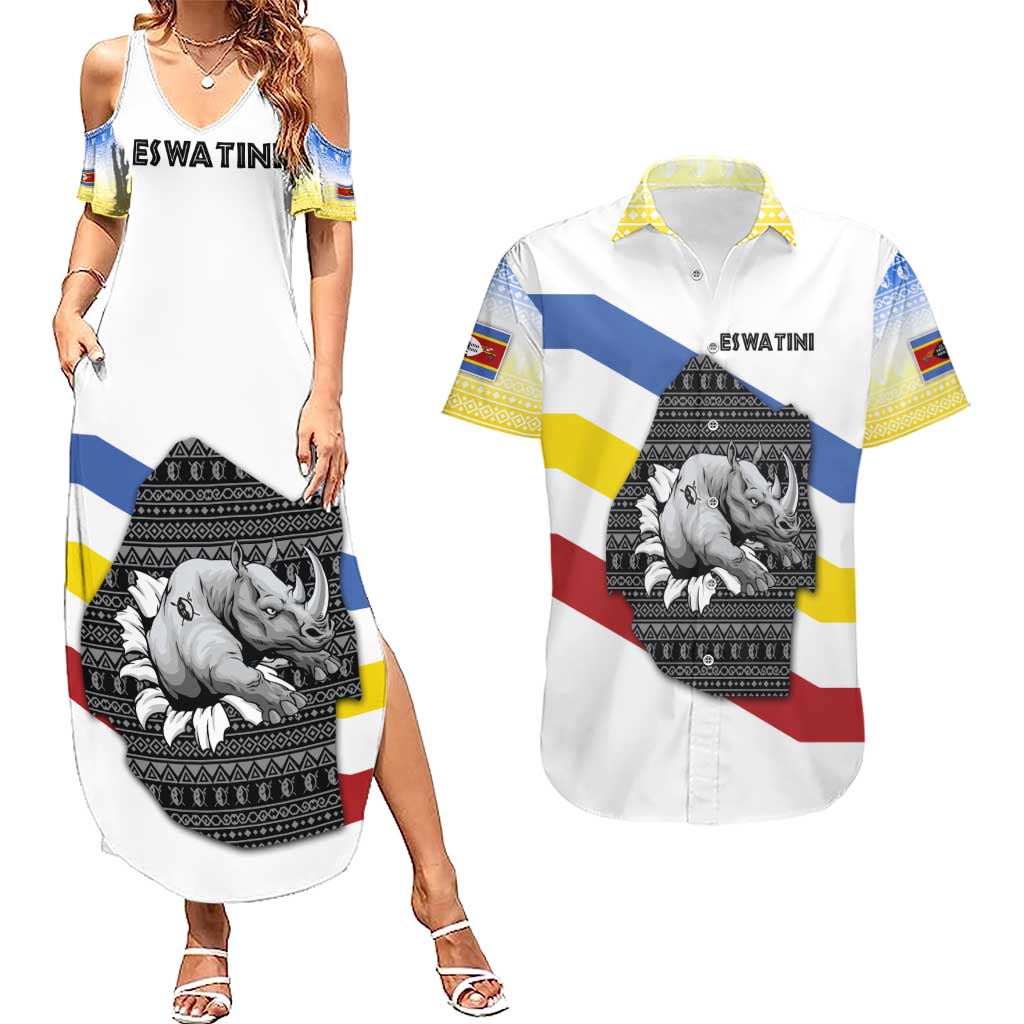 Eswatini Rhino Couples Matching Summer Maxi Dress and Hawaiian Shirt with African Map and Traditional Swazi Flag Patterns
