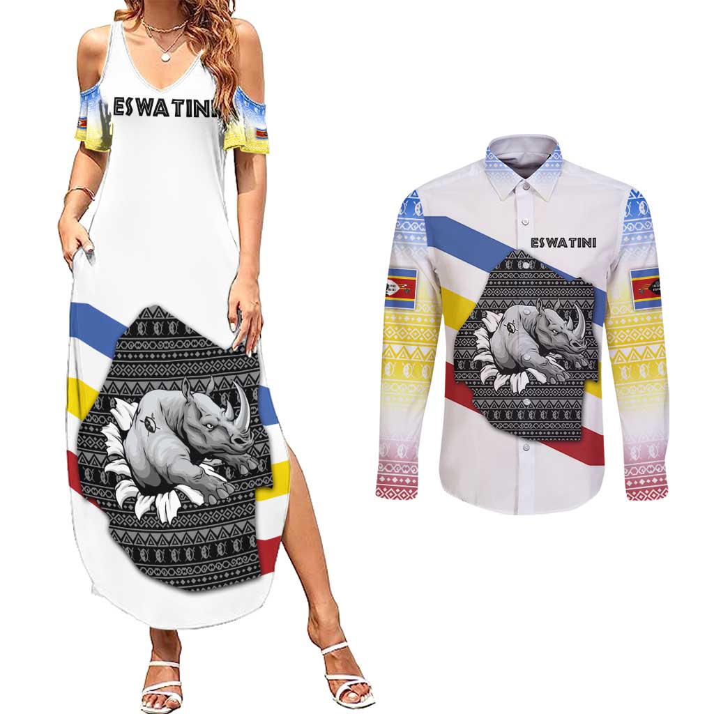 Eswatini Rhino Couples Matching Summer Maxi Dress and Long Sleeve Button Shirt with African Map and Traditional Swazi Flag Patterns
