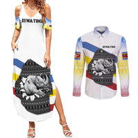 Eswatini Rhino Couples Matching Summer Maxi Dress and Long Sleeve Button Shirt with African Map and Traditional Swazi Flag Patterns