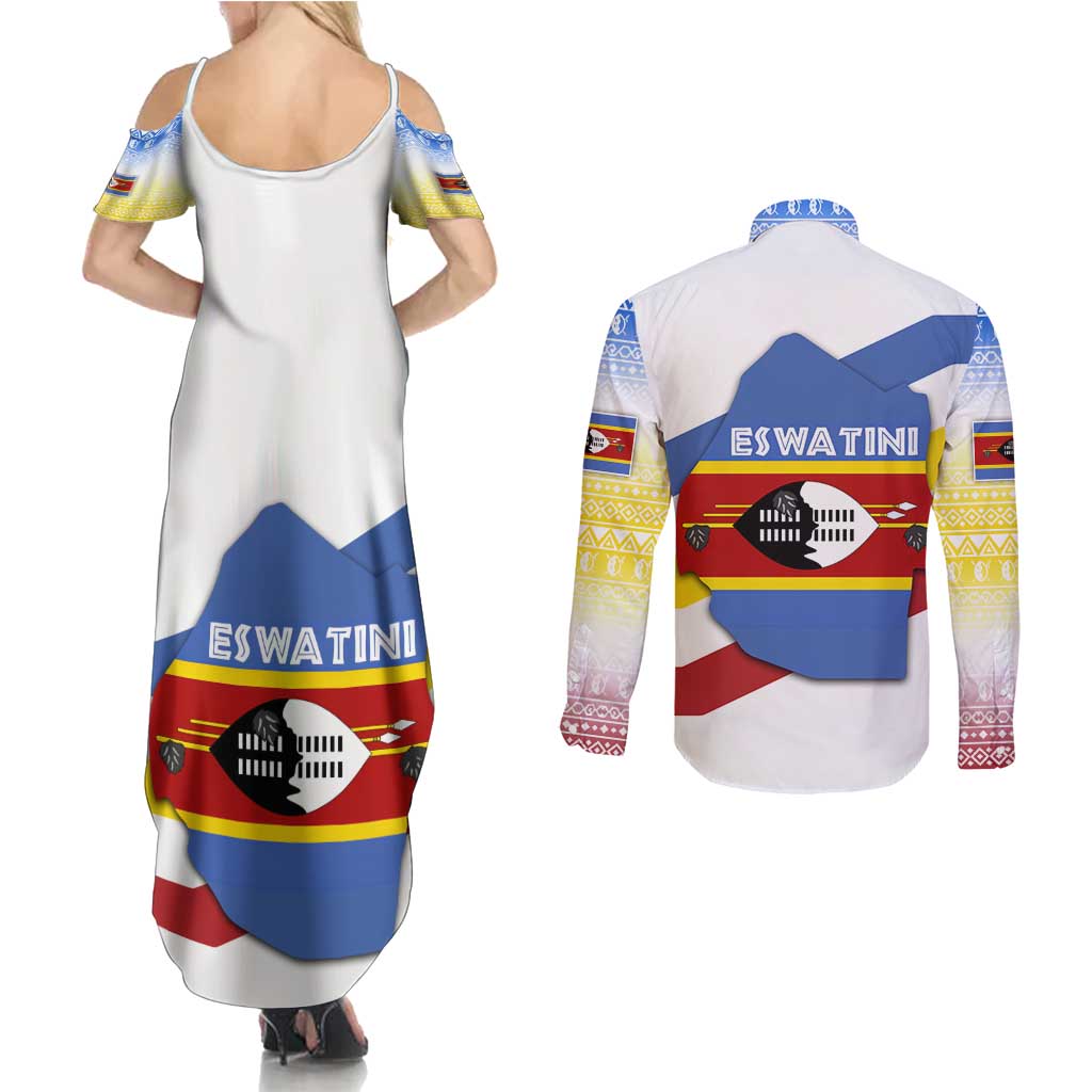 Eswatini Rhino Couples Matching Summer Maxi Dress and Long Sleeve Button Shirt with African Map and Traditional Swazi Flag Patterns