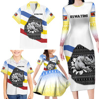 Eswatini Rhino Family Matching Long Sleeve Bodycon Dress and Hawaiian Shirt with African Map and Traditional Swazi Flag Patterns
