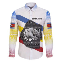 Eswatini Rhino Family Matching Long Sleeve Bodycon Dress and Hawaiian Shirt with African Map and Traditional Swazi Flag Patterns