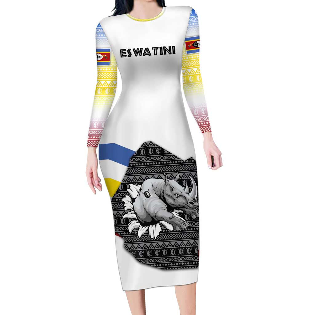 Eswatini Rhino Family Matching Long Sleeve Bodycon Dress and Hawaiian Shirt with African Map and Traditional Swazi Flag Patterns