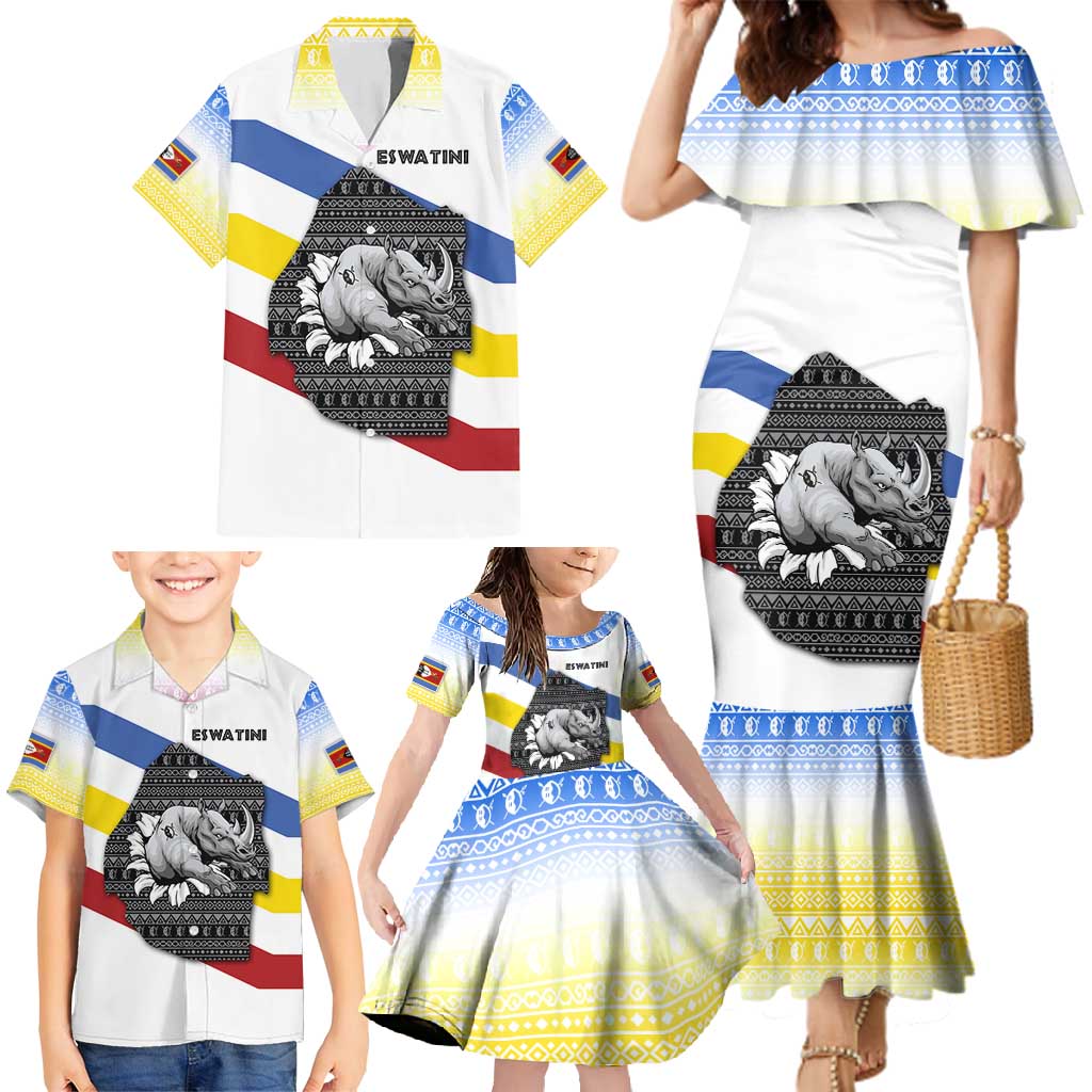 Eswatini Rhino Family Matching Mermaid Dress and Hawaiian Shirt with African Map and Traditional Swazi Flag Patterns