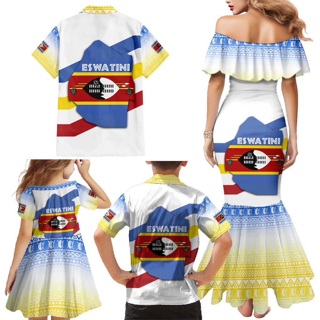 Eswatini Rhino Family Matching Mermaid Dress and Hawaiian Shirt with African Map and Traditional Swazi Flag Patterns