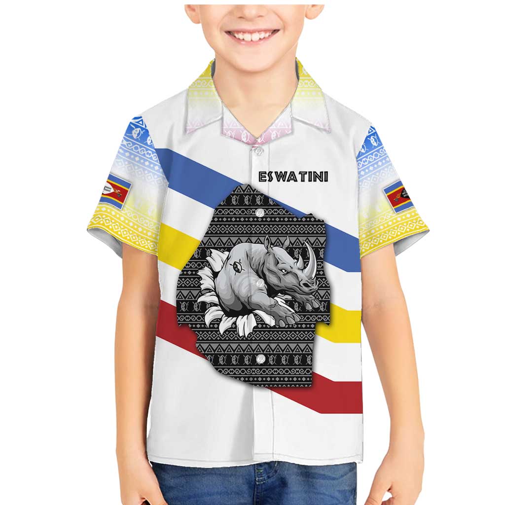 Eswatini Rhino Family Matching Mermaid Dress and Hawaiian Shirt with African Map and Traditional Swazi Flag Patterns