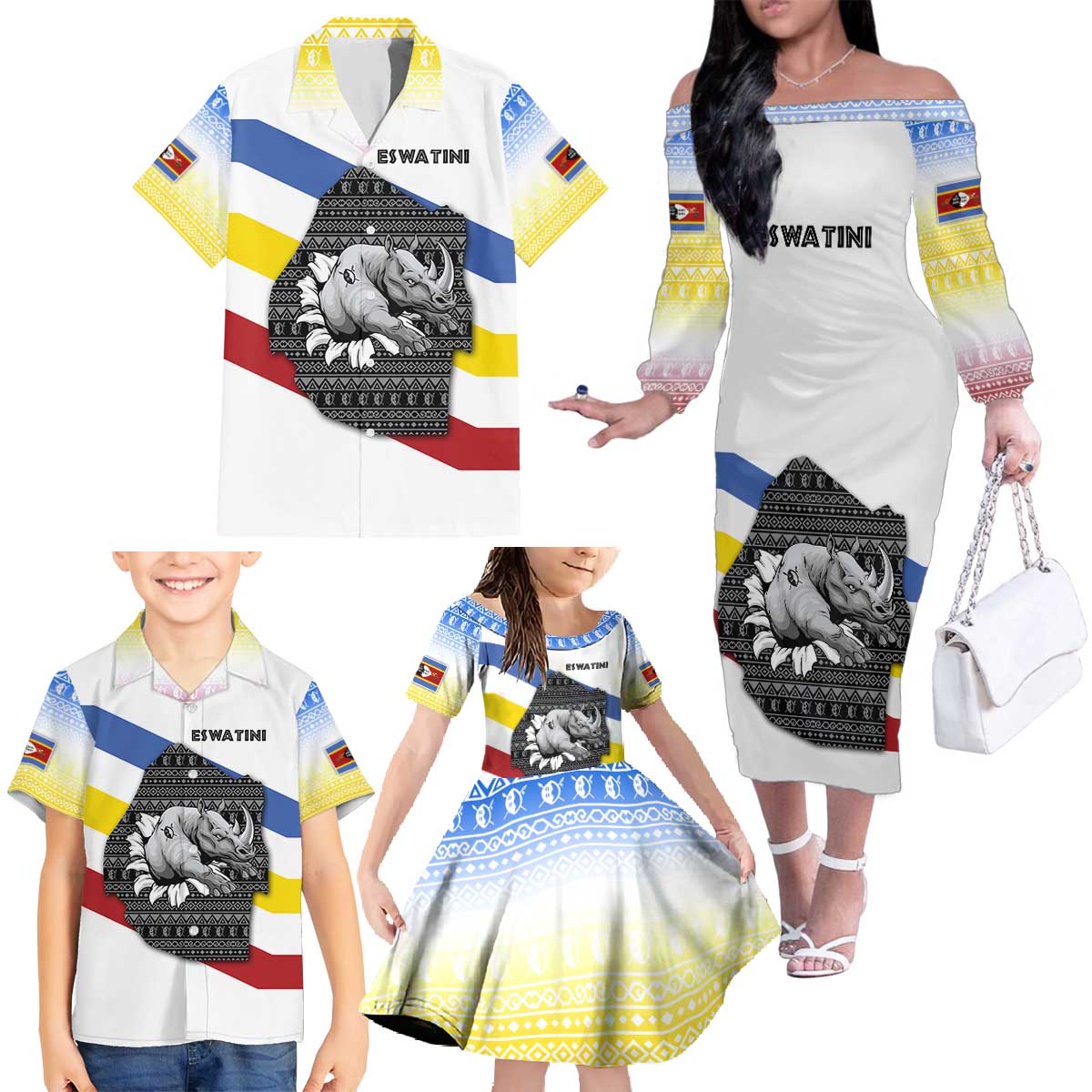 Eswatini Rhino Family Matching Off The Shoulder Long Sleeve Dress and Hawaiian Shirt with African Map and Traditional Swazi Flag Patterns
