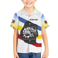 Eswatini Rhino Family Matching Off The Shoulder Long Sleeve Dress and Hawaiian Shirt with African Map and Traditional Swazi Flag Patterns