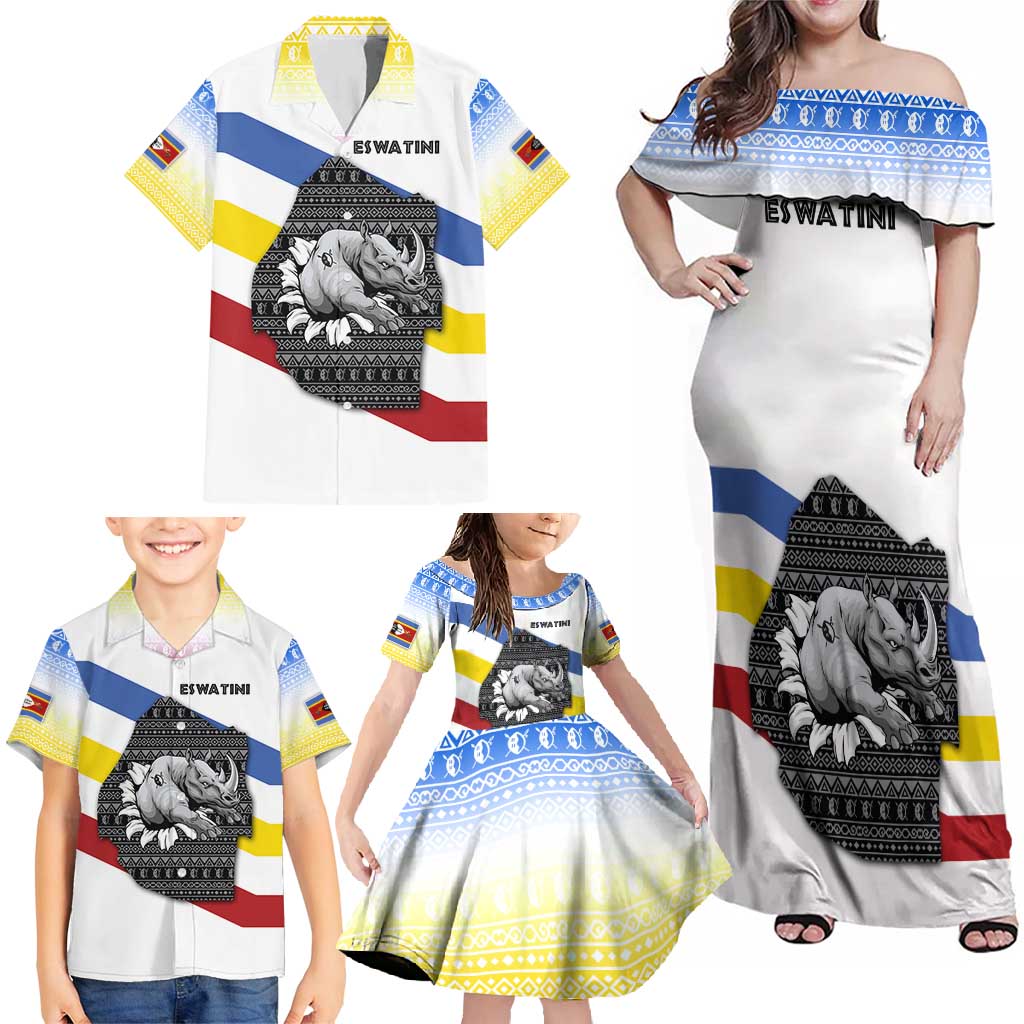 Eswatini Rhino Family Matching Off Shoulder Maxi Dress and Hawaiian Shirt with African Map and Traditional Swazi Flag Patterns