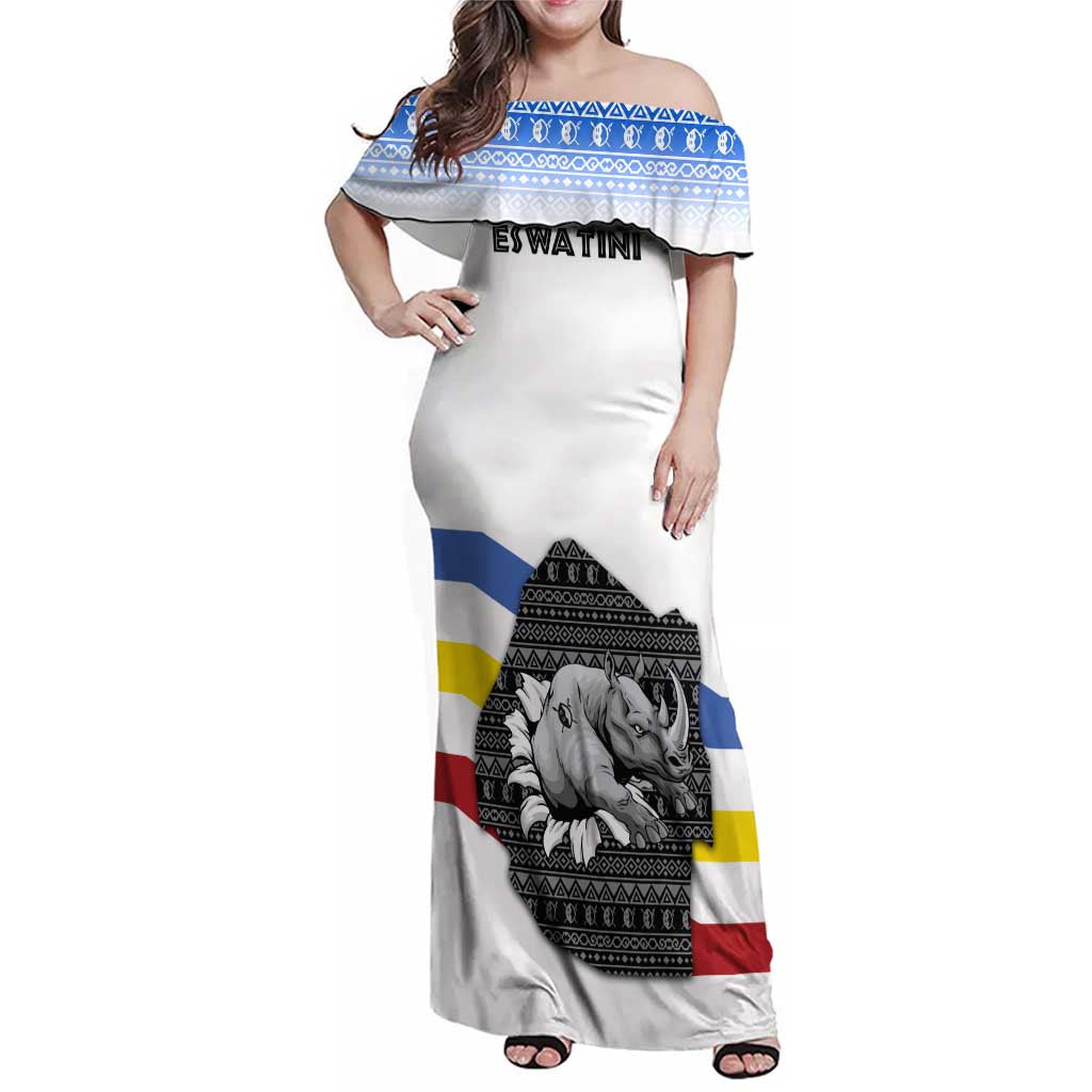 Eswatini Rhino Family Matching Off Shoulder Maxi Dress and Hawaiian Shirt with African Map and Traditional Swazi Flag Patterns