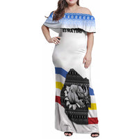 Eswatini Rhino Family Matching Off Shoulder Maxi Dress and Hawaiian Shirt with African Map and Traditional Swazi Flag Patterns