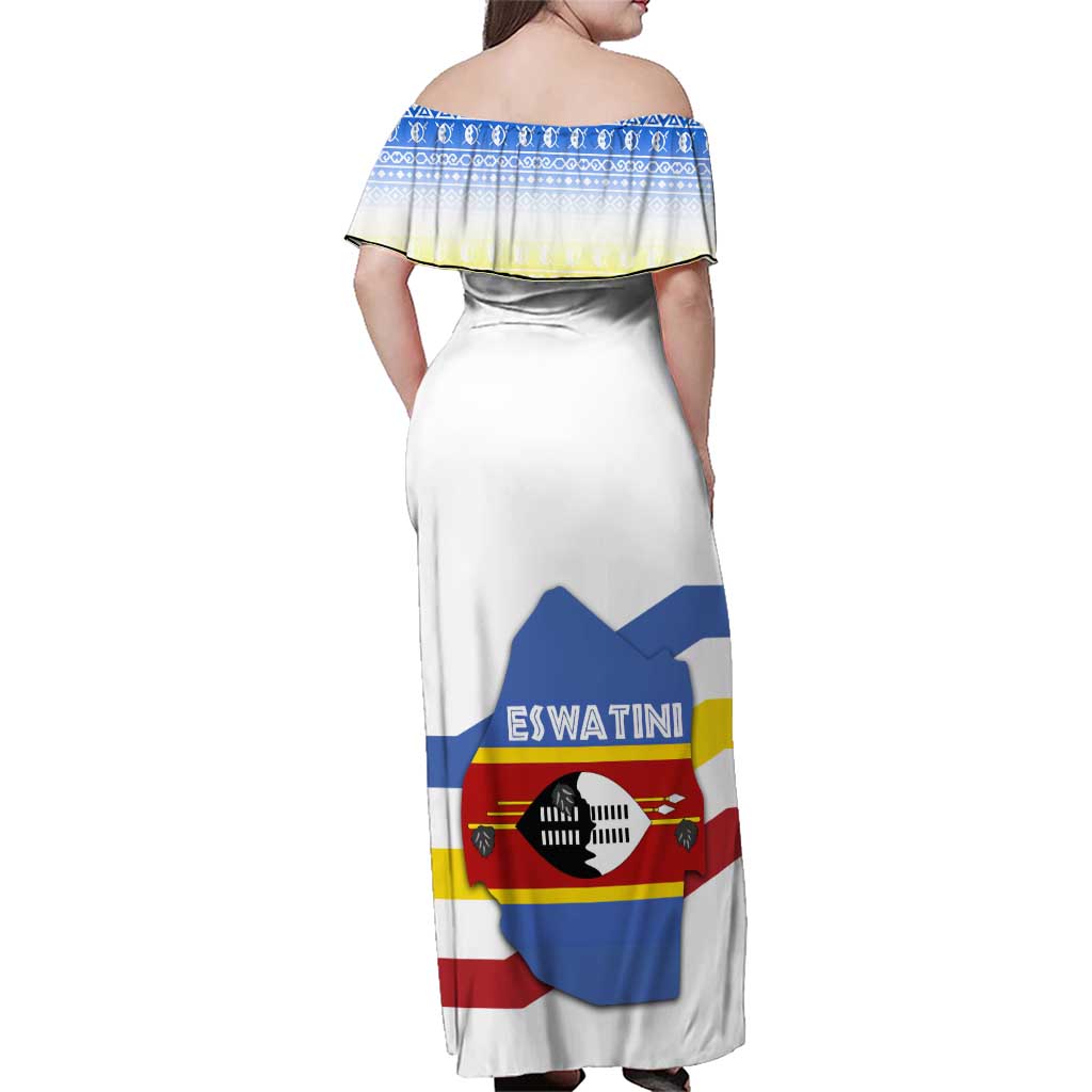 Eswatini Rhino Family Matching Off Shoulder Maxi Dress and Hawaiian Shirt with African Map and Traditional Swazi Flag Patterns