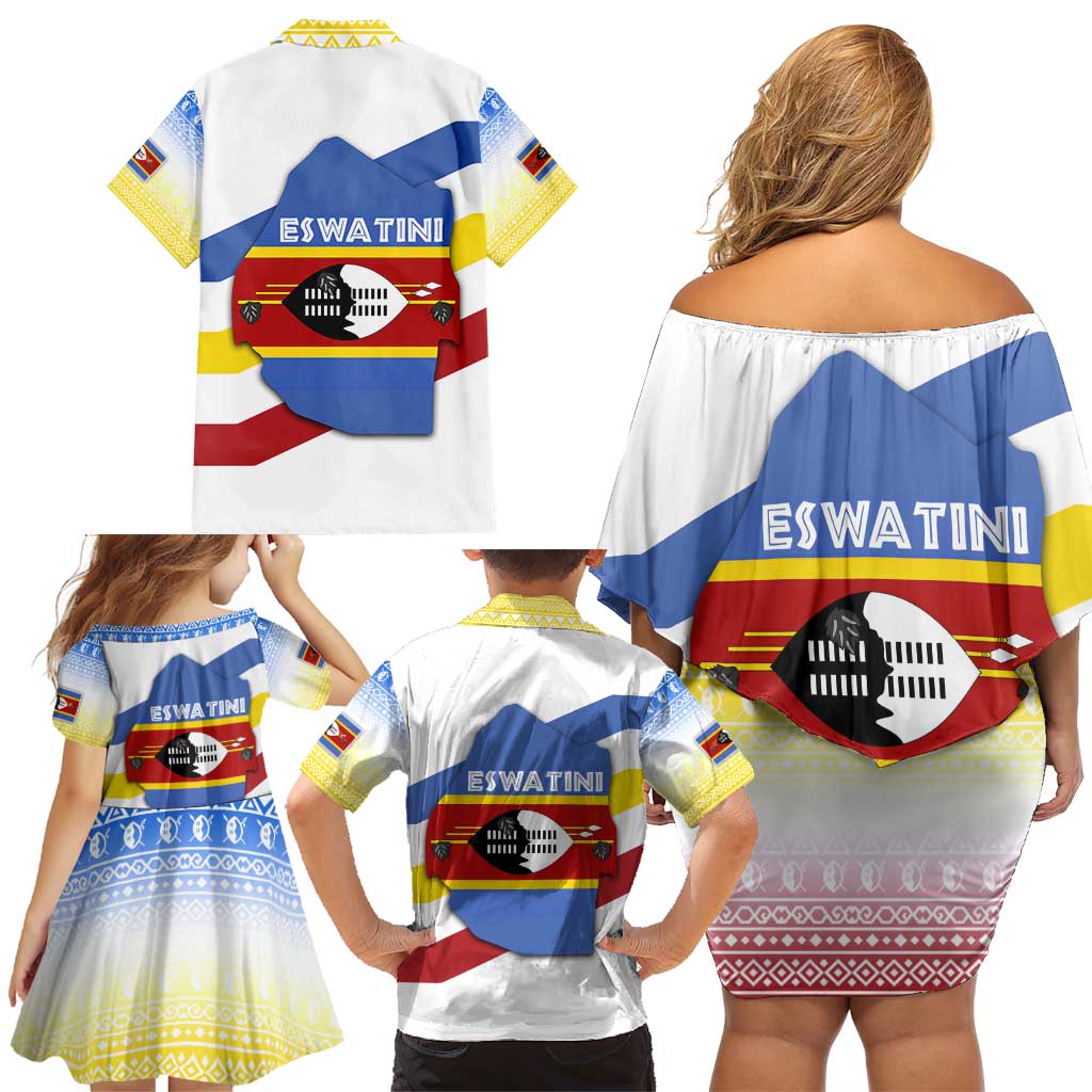 Eswatini Rhino Family Matching Off Shoulder Short Dress and Hawaiian Shirt with African Map and Traditional Swazi Flag Patterns